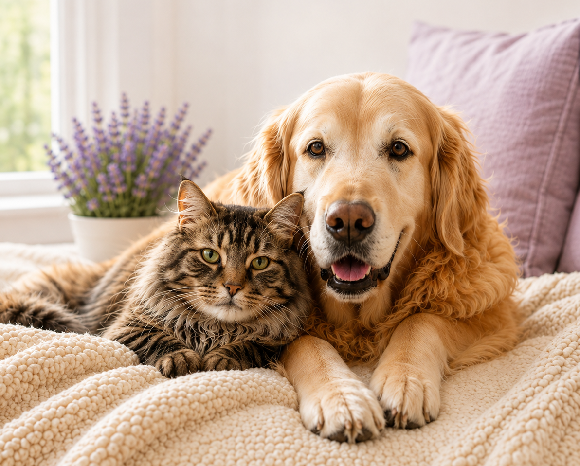 senior-dog-cat-comfort-care-caring-pathways Senior dog and cat resting together at home with Caring Pathways senior pet support resources.